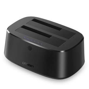 Base Para Disco Duro de Doble Bahia USB 3.0 Ugreen 50854, Soporta Discos SATA de 2.5″ y 3.5″, Con Adaptador de Corriente 12V3A/Cable USB 1M/Alta Velocidad
