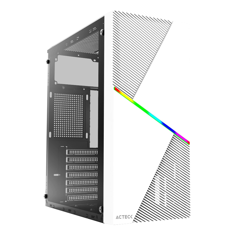 Gabinete Acteck Draco GM450 / Media Torre / Max MB ATX Fuente ATX 500 W / 2xUSB 2.0 + 1xFan / Panel Izq Cristal + Frente Asimétrico RGB Diagonal / Blanco / AC-935722