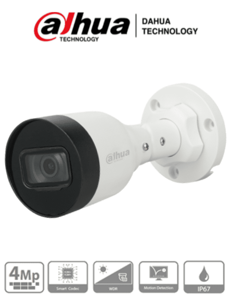 Camara IP Bullet Dahua DH-IPC-HFW1431S1P-A-0280B-S4-QH2, 4MP Lente de 2.8 MM 104° de Apertura IR de 30 MTS H.265+ IP67 POE WDR Real