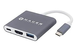 Adaptador USB Tipo-C a HDMI/ USB 3.0/ USB C + PD Naceb NA-0111, 5 GBIT/S, Color Gris/Blanco