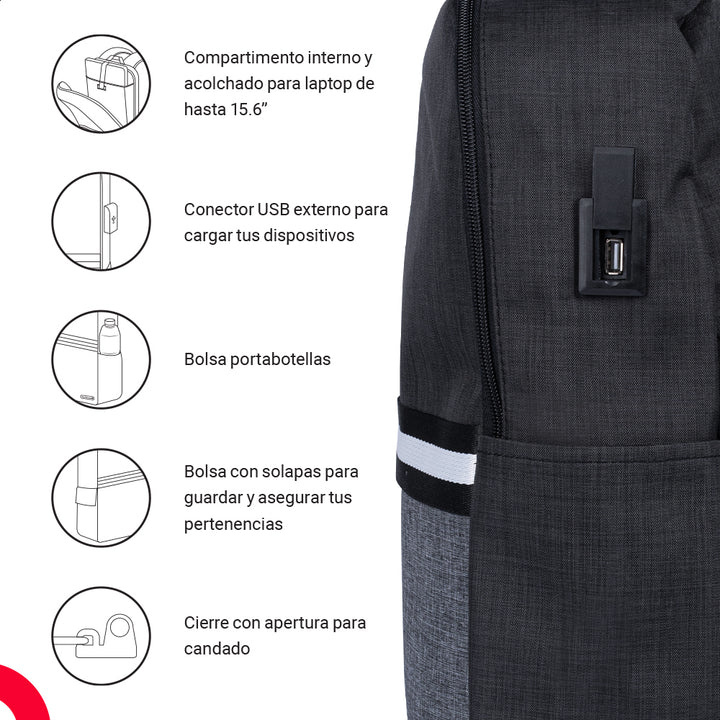Mochila Para Laptop 15.6″ Techzone TZ21LBP01-A /Nylon/Poliester/Color Negro-Gris - Imagen 3