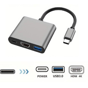 Adaptador USB 3 en 1 Tipo C a USB 3.0/ HDMI/ USB Tipo C, Cuerpo de Aluminio, Color Gris, USBC-300